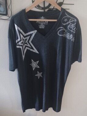 Rush Couture Charcoal Grey Stars Short Sleeve VNeck Cotton Tee XL